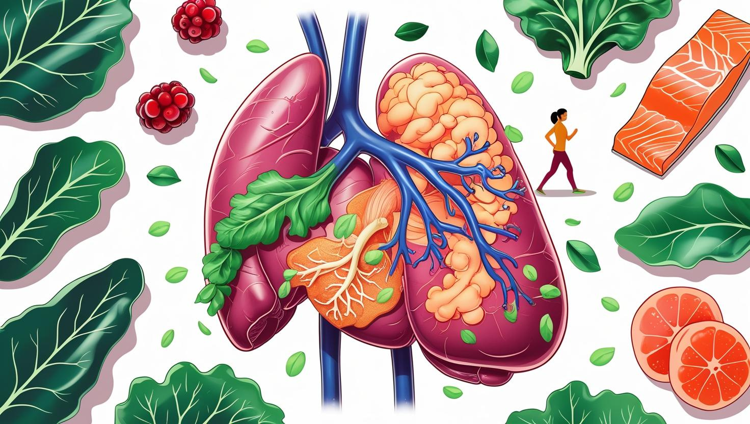 Illustration showing a human liver with fat deposits, surrounded by healthy food like leafy greens, berries, and fish, representing fatty liver health tips.