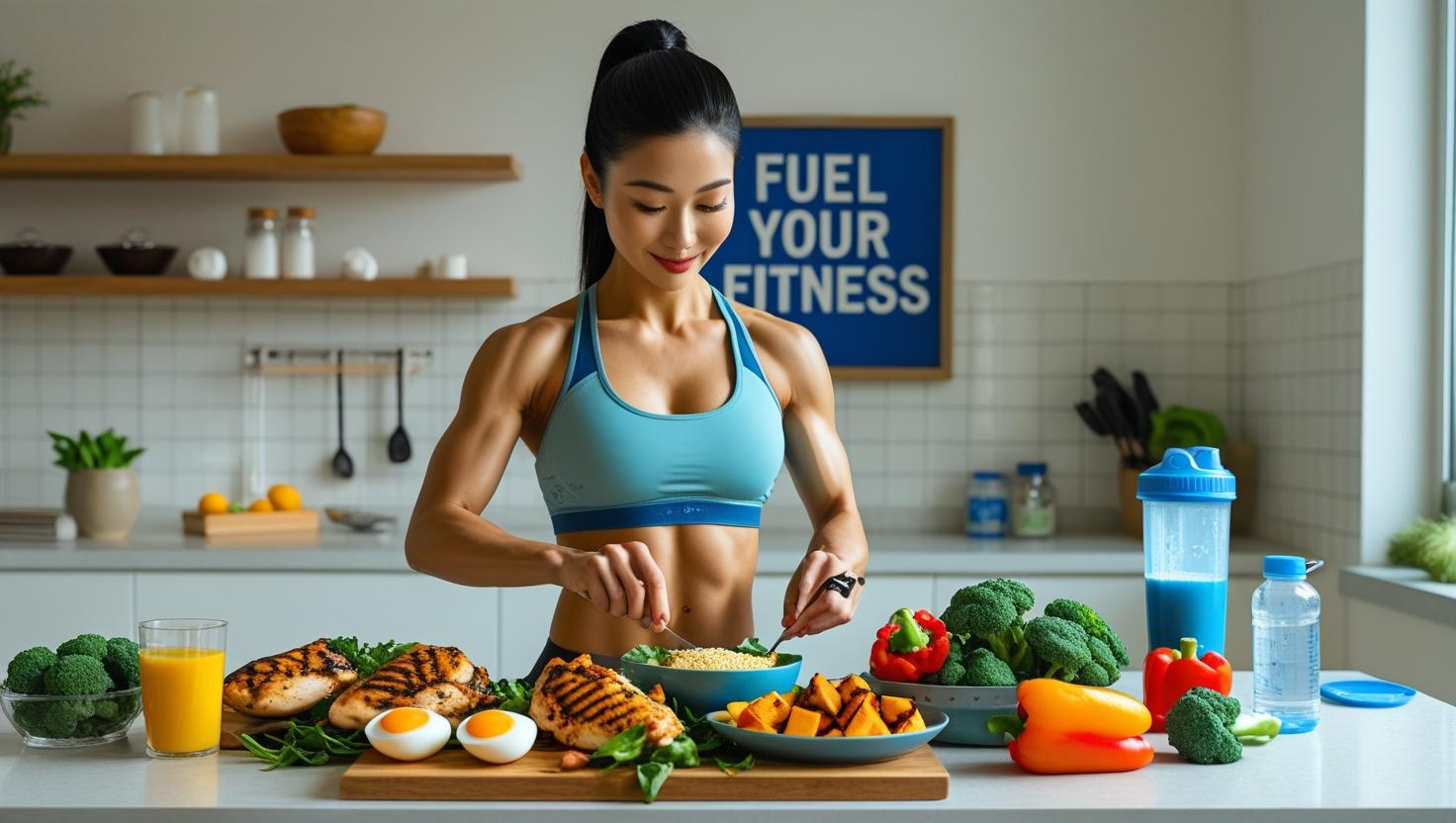 A woman is preparing a healthy fitness meal with protein, vegetables, and supplements in a bright kitchen.