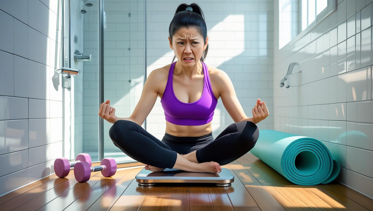 Frustrated woman sitting on a scale despite regular workouts, surrounded by gym equipment.
