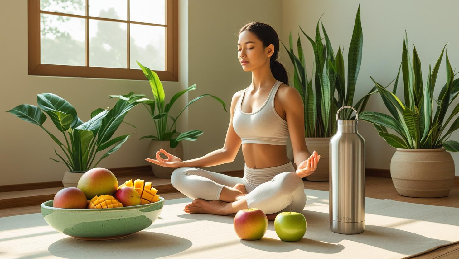 Woman practicing yoga in a calm, sunlit room with fresh fruits, a water bottle, and indoor plants nearby.
