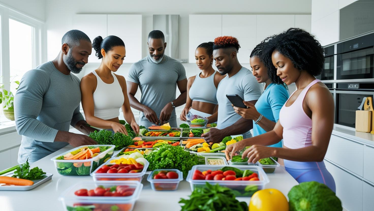 People meal prepping healthy food with a digital weight loss tracker in 2025