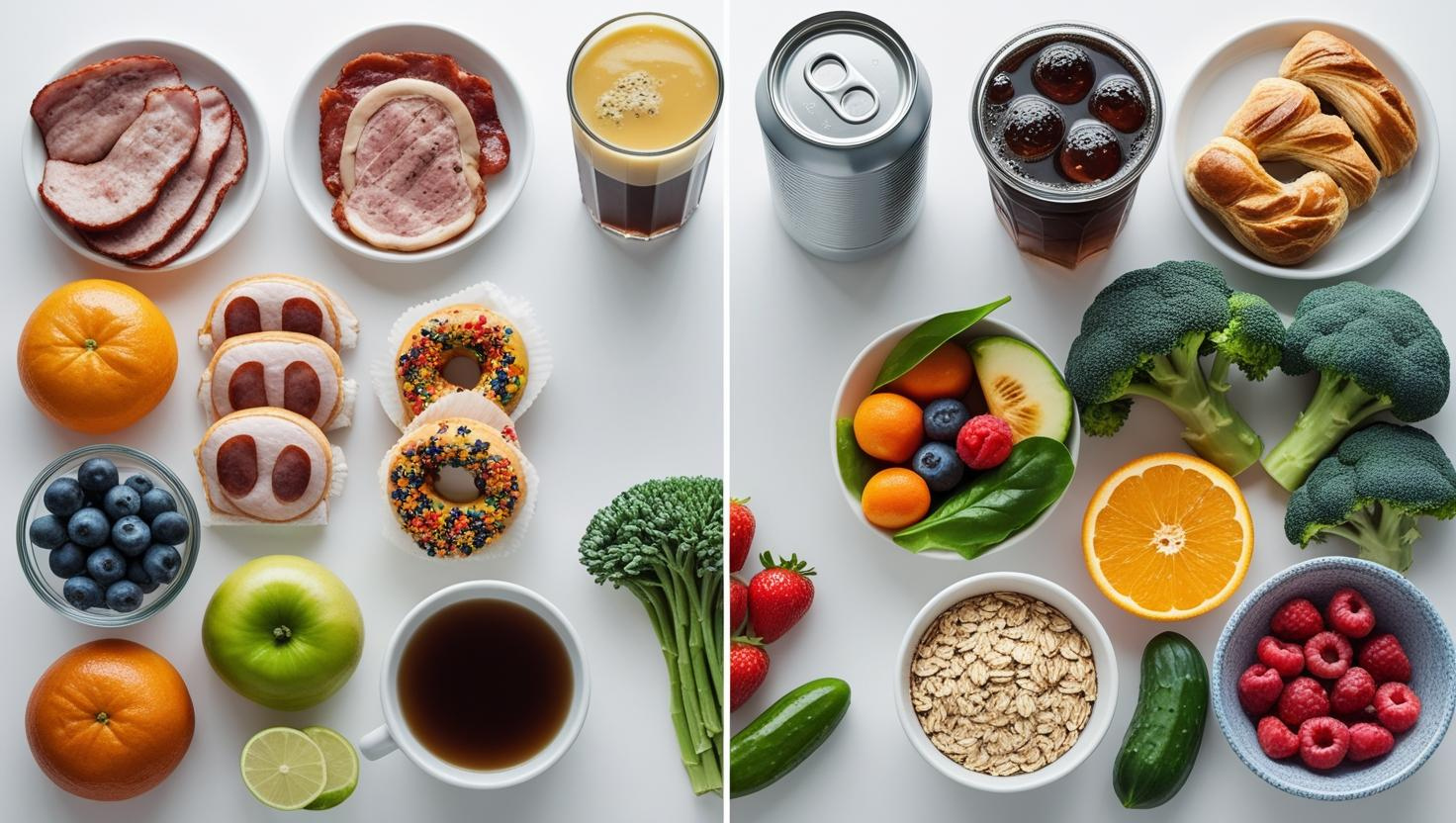 Healthy and unhealthy foods side by side, showing options that support or harm kidney health.