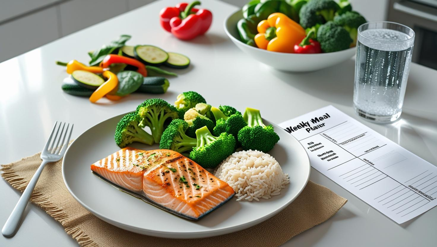 Kidney-friendly meal with grilled salmon, broccoli, and brown rice on a table with a weekly meal planner.