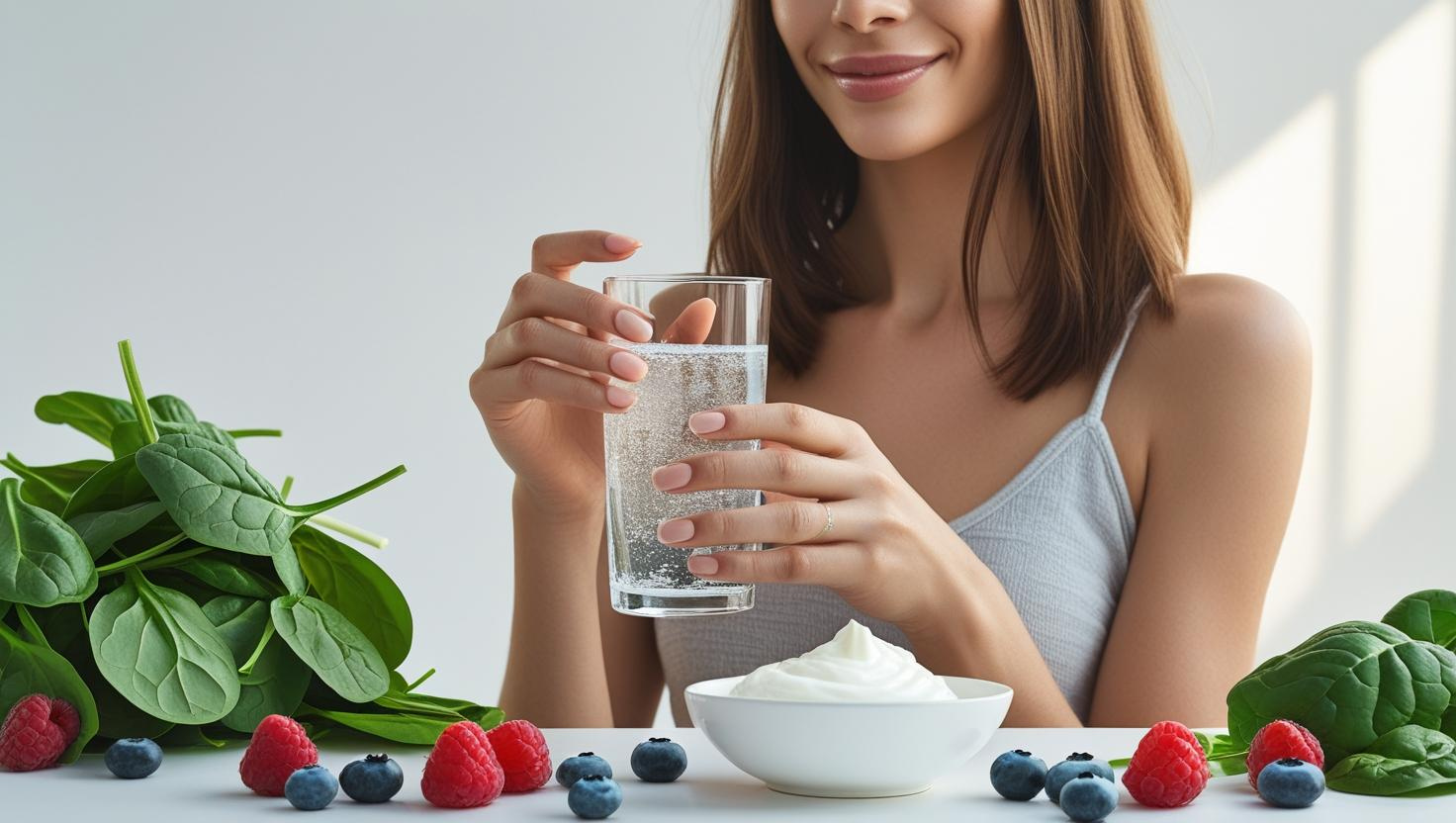 Young woman holding probiotic capsule and water, surrounded by gut-healthy foods.