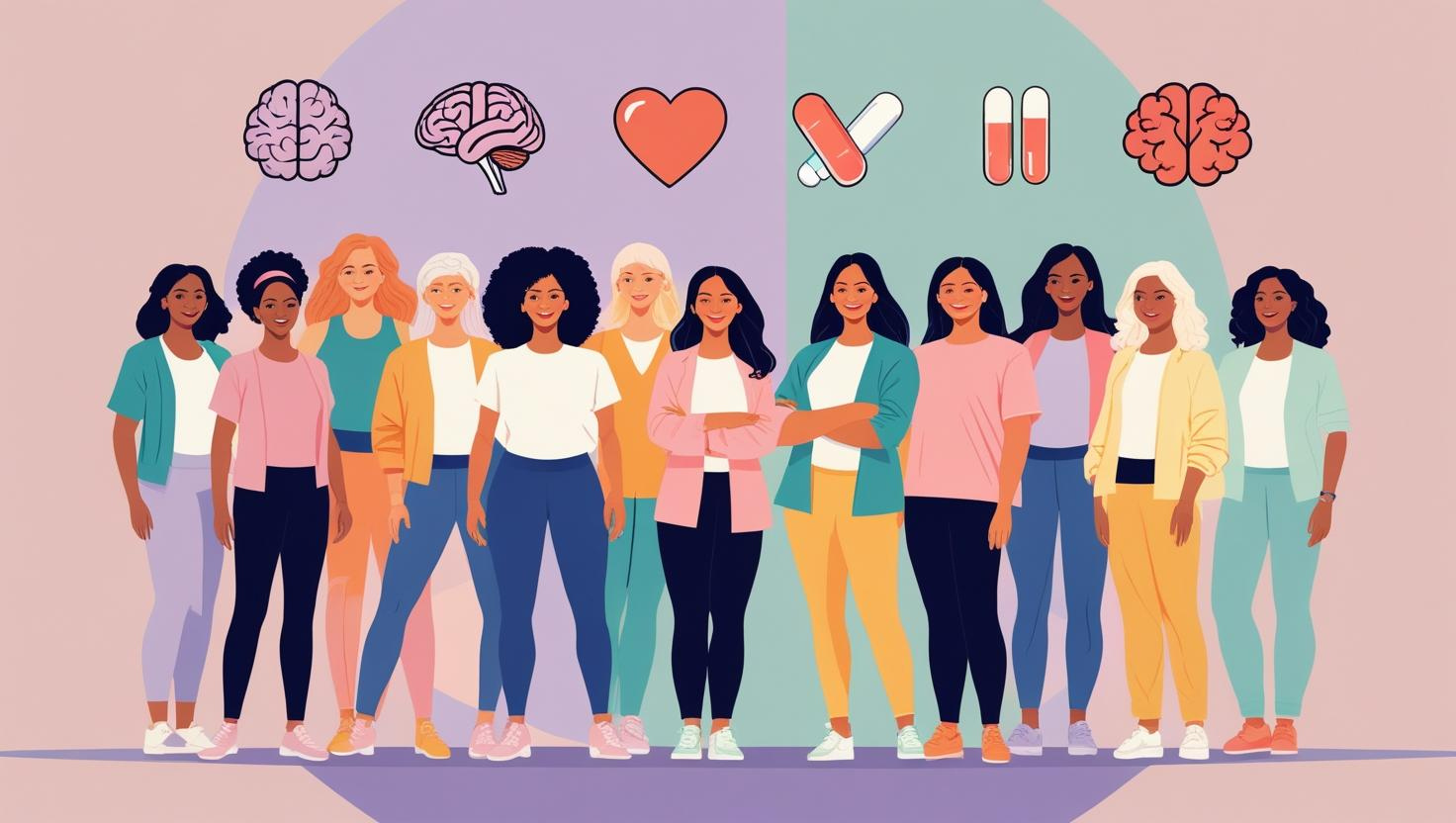 Diverse group of confident women of different ages and ethnicities with health icons representing women’s health issues in 2025.