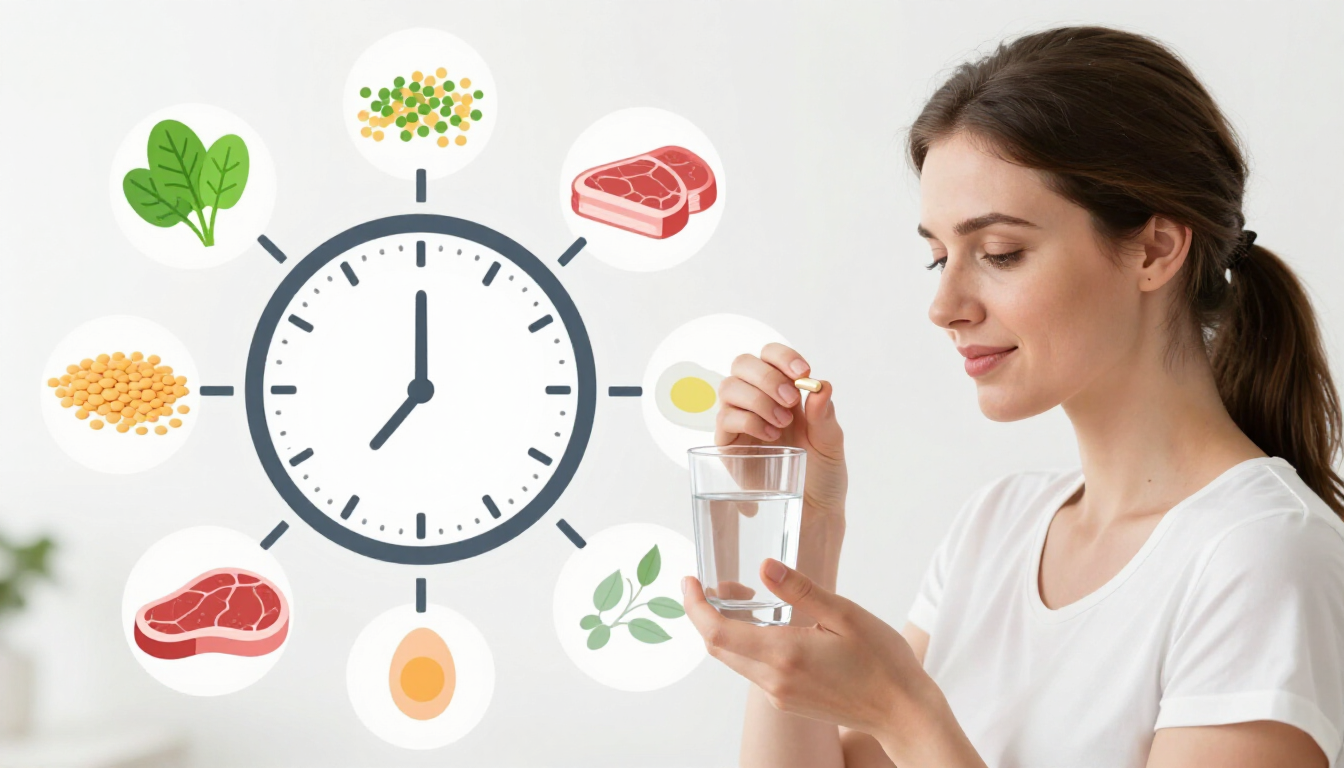 Woman taking an iron supplement with water, surrounded by iron-rich foods and a clock showing optimal supplement timing.