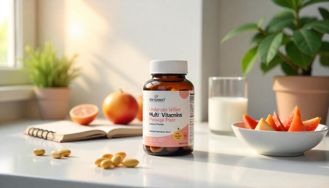 Flat lay of women’s supplements after 30 with vitamins, collagen, omega-3, magnesium, and a wellness journal on a clean table.