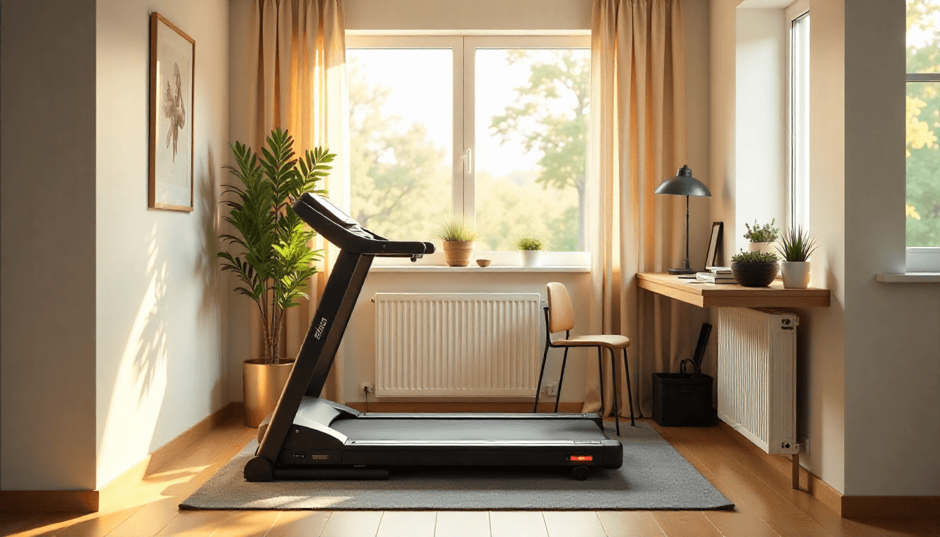 Modern home gym setup in a small apartment with compact fitness equipment