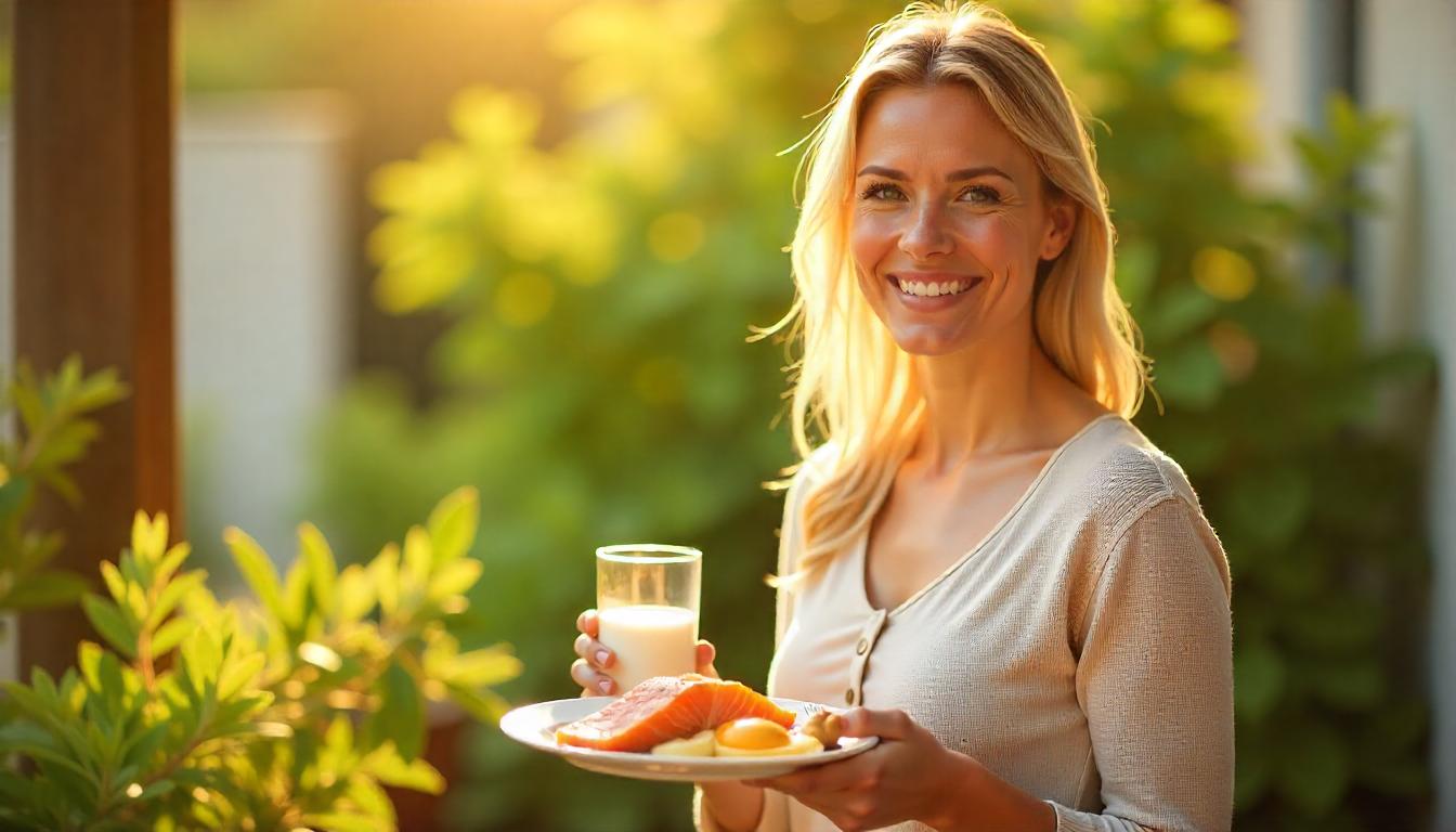 "Smiling woman holding vitamin D-rich foods in sunlight"