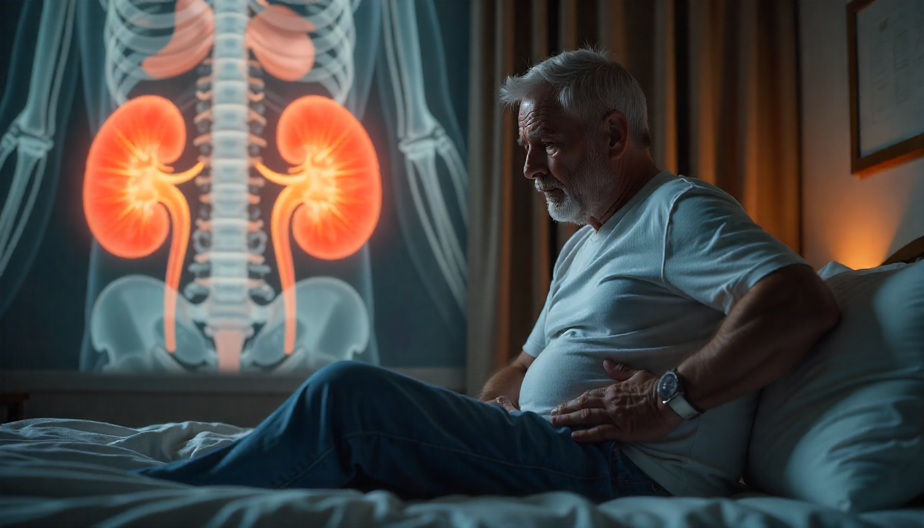 Tired adult experiencing early signs of kidney problems with kidney illustration in background