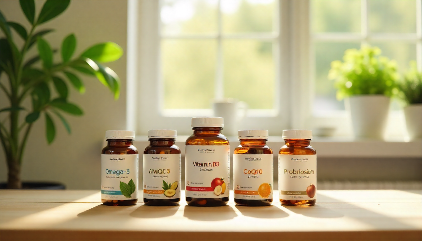 Natural kidney health supplements including Omega-3, CoQ10, Vitamin D3, and probiotics on a wooden table in natural light.