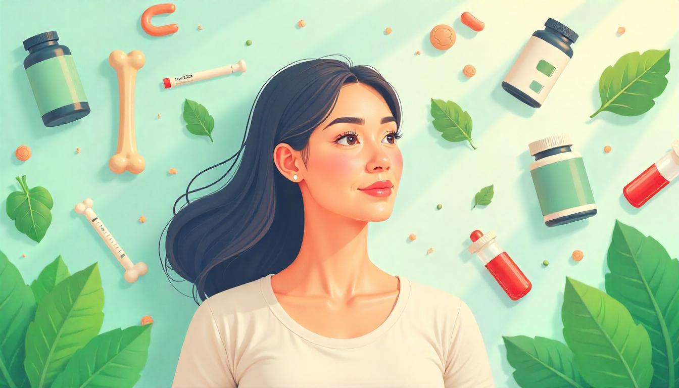 Digital illustration of a woman with icons of bones, leafy greens, calcium supplement, sunlight, and blood drop, symbolizing calcium's role in overall health.