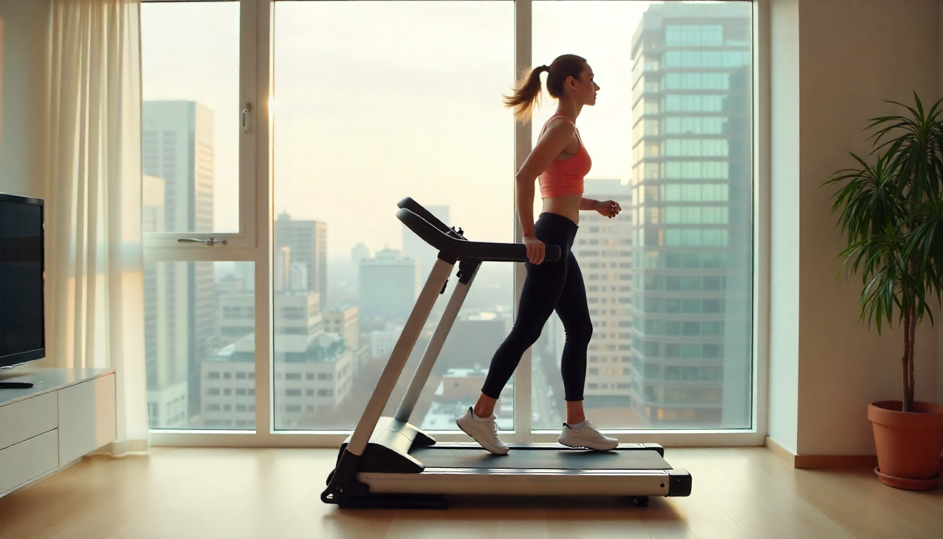 Woman exercising on a foldable treadmill in a modern apartment, ideal for small spaces.