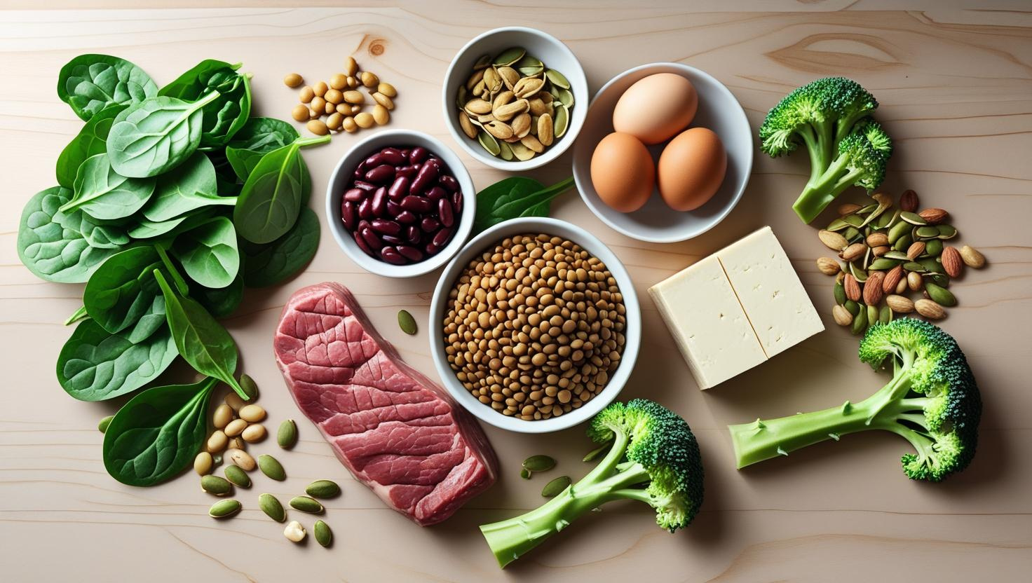 “Iron-rich foods for women with anemia including spinach, beans, red meat, eggs, lentils, and nuts arranged on a wooden table.”