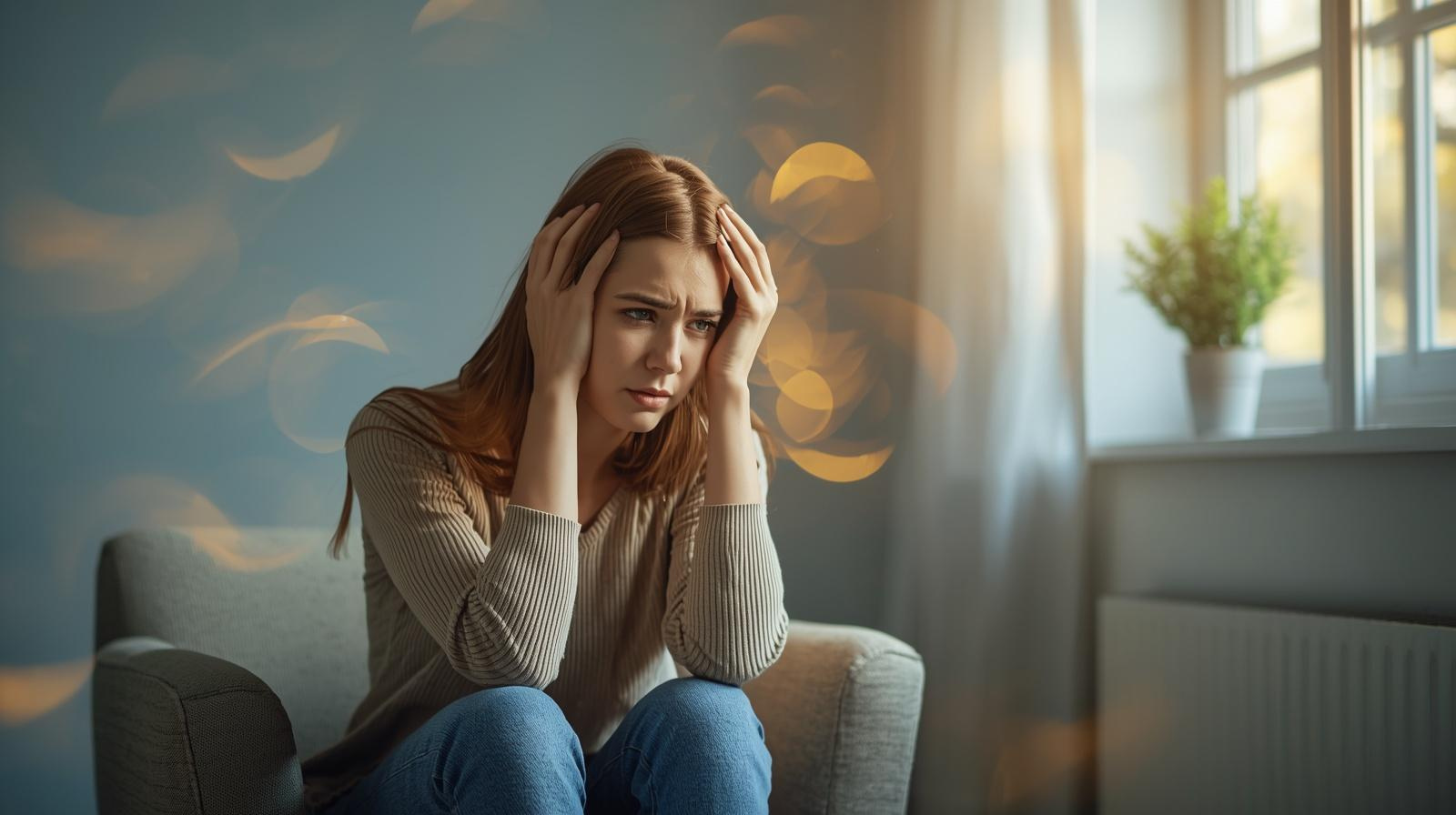 What is anxiety – woman feeling stressed and overwhelmed illustrating anxiety symptoms and mental health management