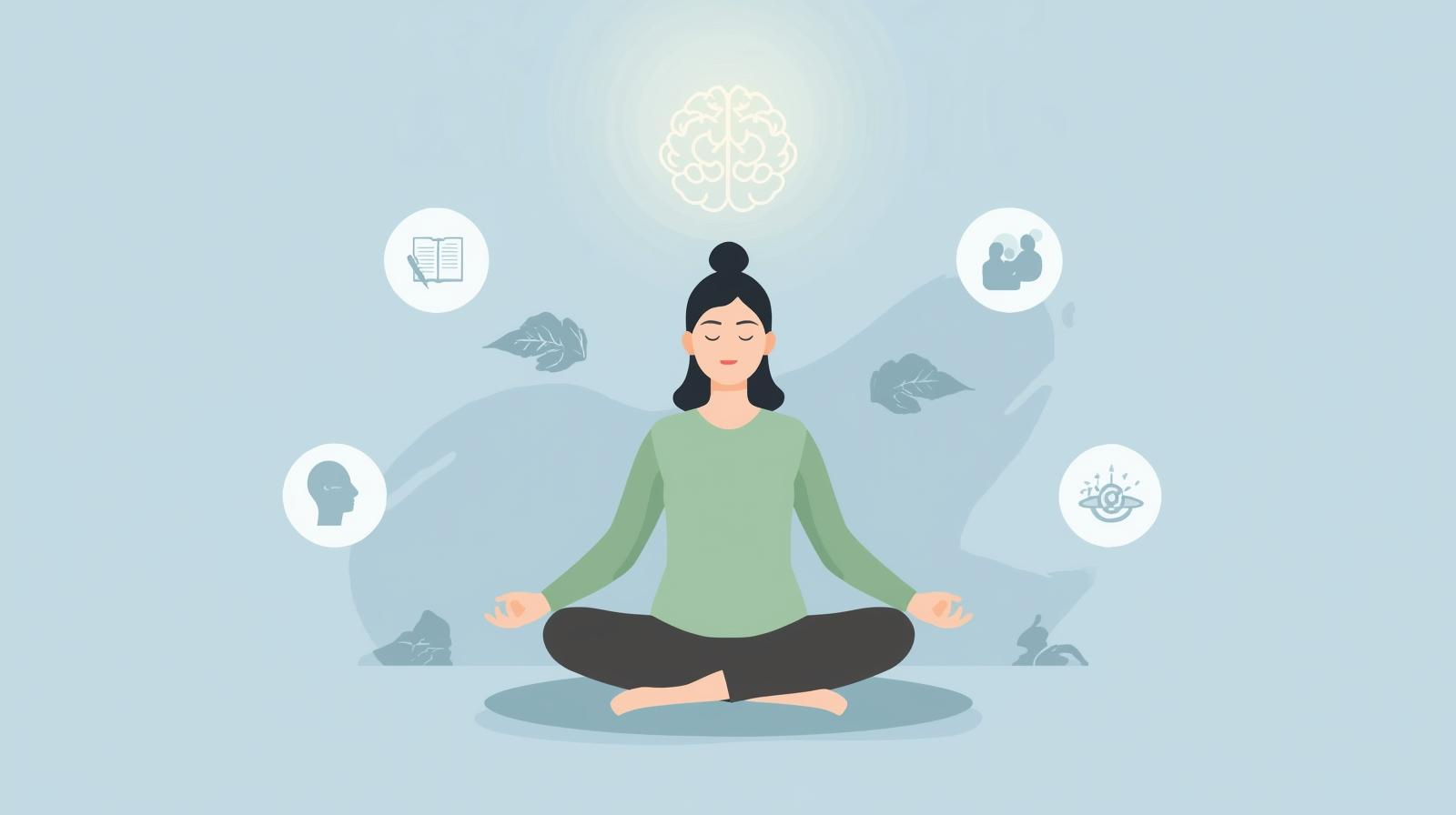 Illustration of a calm person meditating with mental health icons symbolizing anxiety management and stress relief.