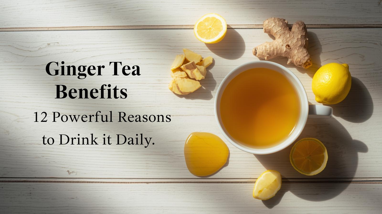 A warm cup of ginger tea with fresh ginger root, lemon, and honey on a wooden table, highlighting natural health benefits.