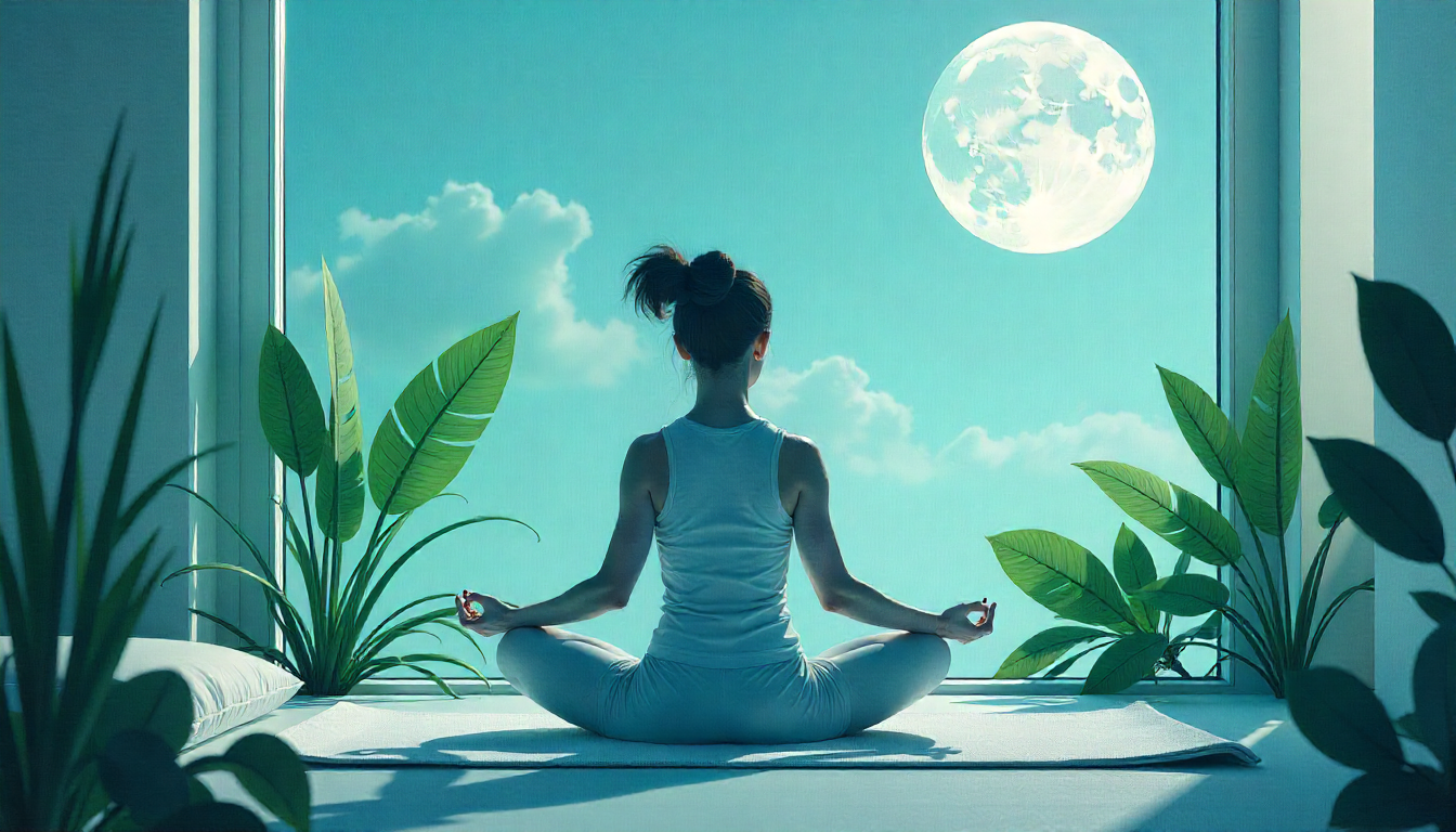 A peaceful wellness concept illustration of yoga, meditation, sleep, and digital detox for anxiety management in 2025.