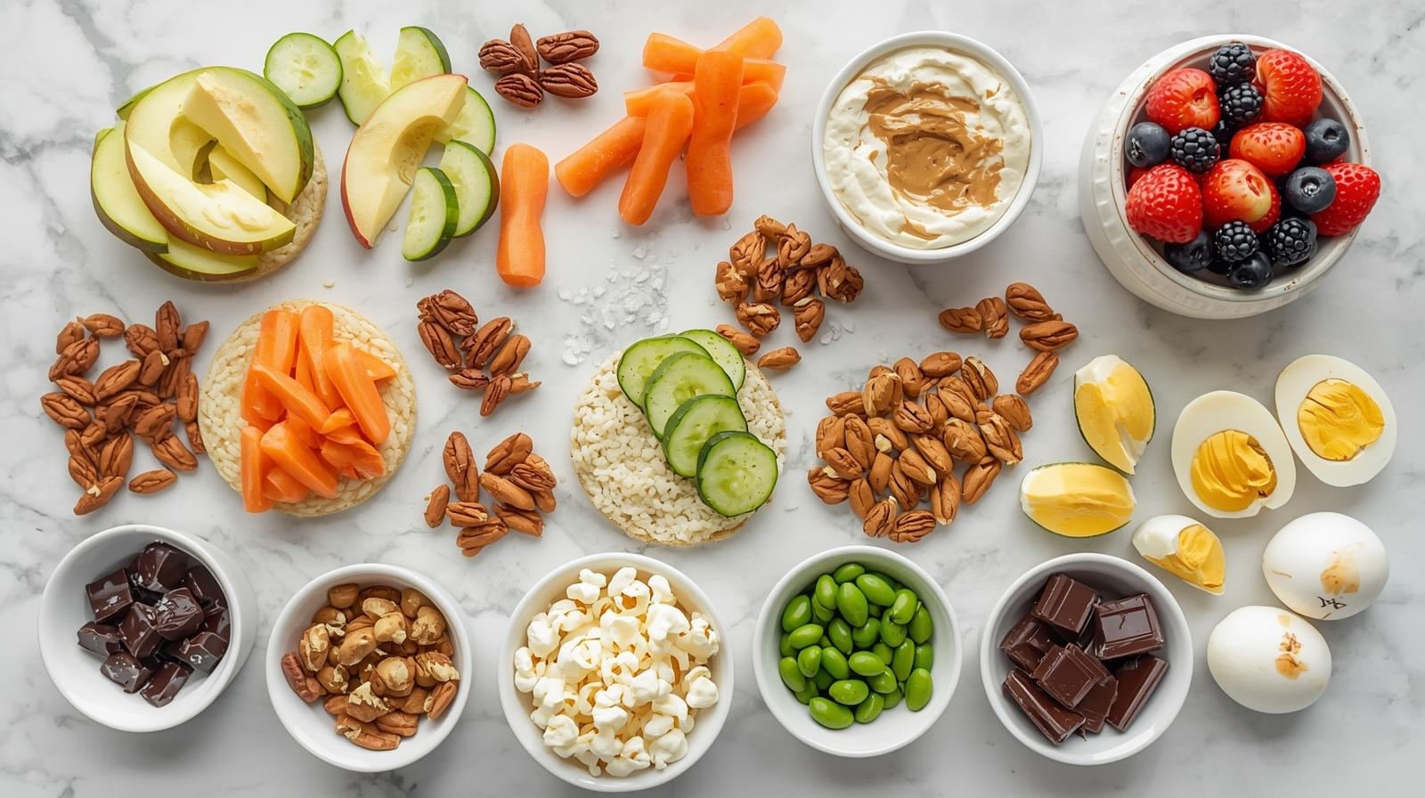 Healthy snack ideas for weight loss including fruits, nuts, yogurt, and edamame in a fresh flat lay.
