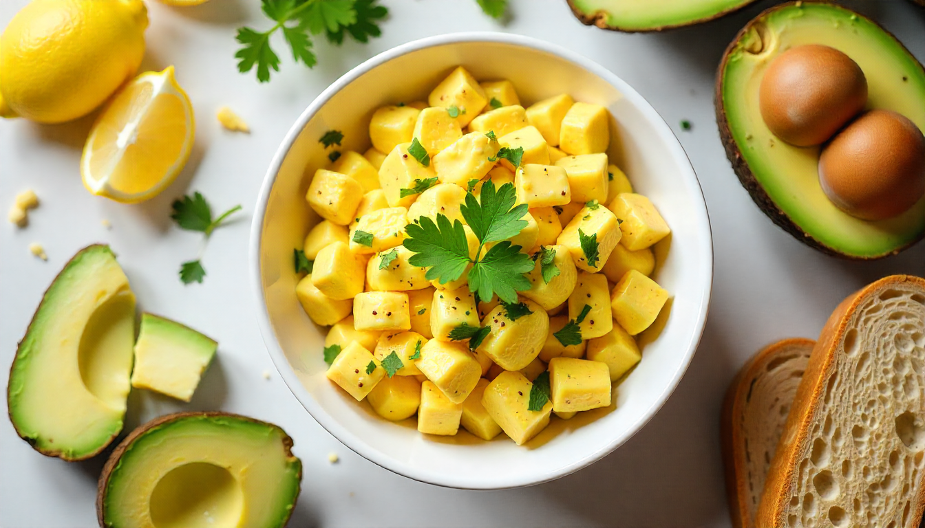 Healthy egg salad recipe served in a bowl with fresh parsley and whole-grain bread.