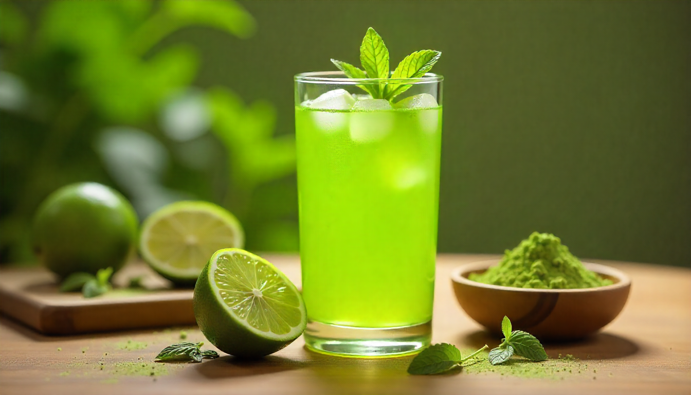 Refreshing green tea shot recipe served with lime and mint, a healthy energy-boosting drink.