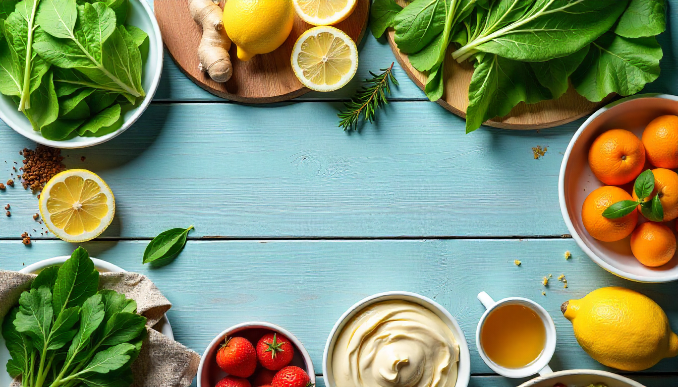 Gut cleansing foods like ginger, lemon water, yogurt, and leafy greens for better digestion.