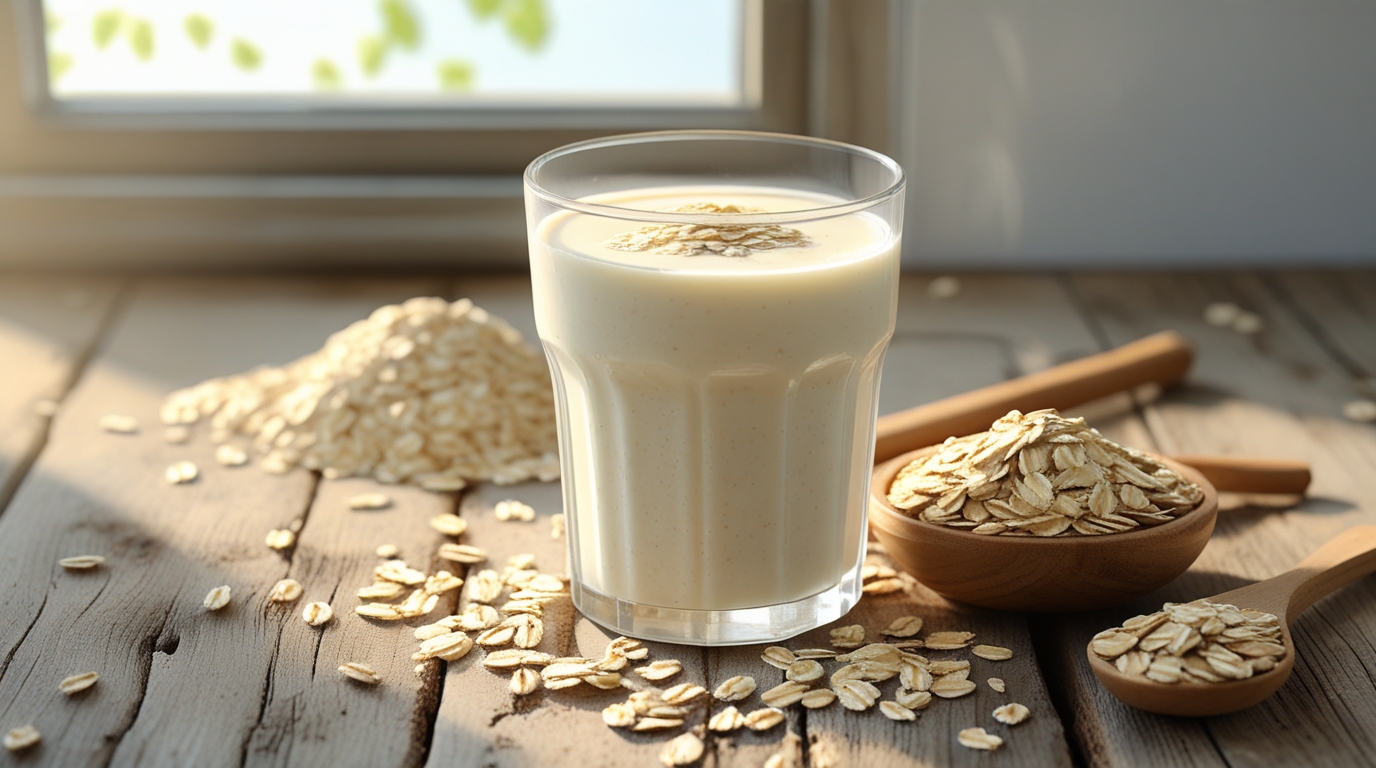 A glass of creamy oat milk with oats on the table showing health benefits.