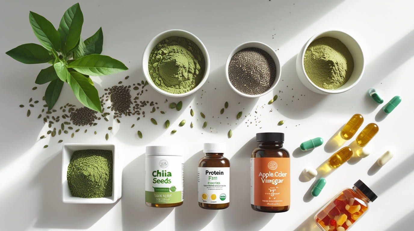 “Healthy pantry essentials for natural weight loss — matcha, chia seeds, protein powder, and more.”