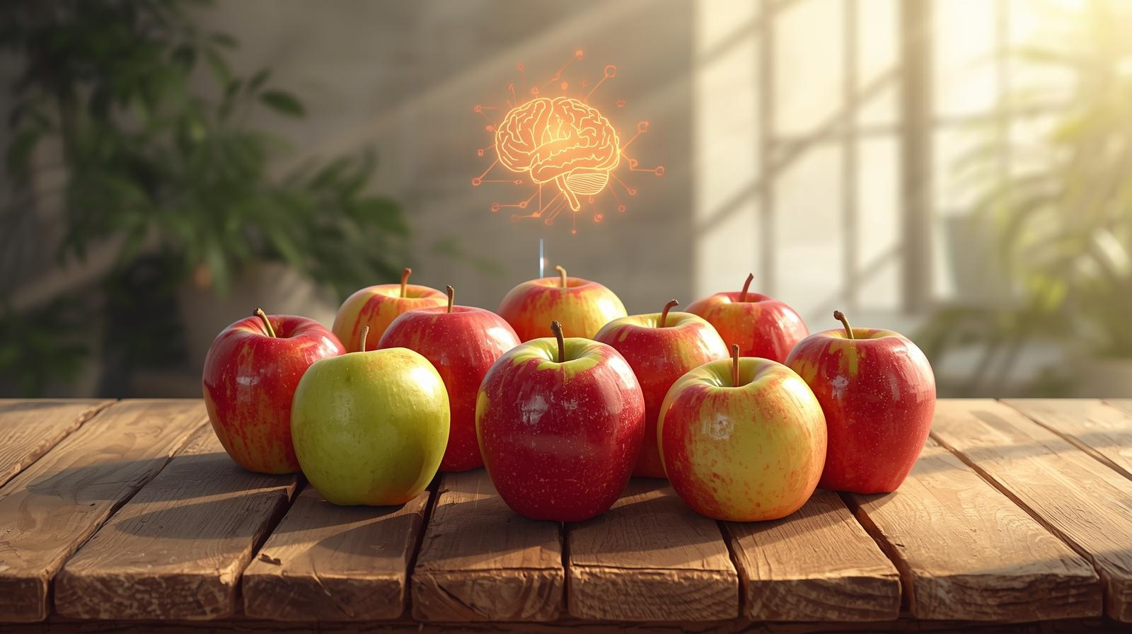 "Fresh apples with a brain icon, representing apple fruit benefits for brain health."