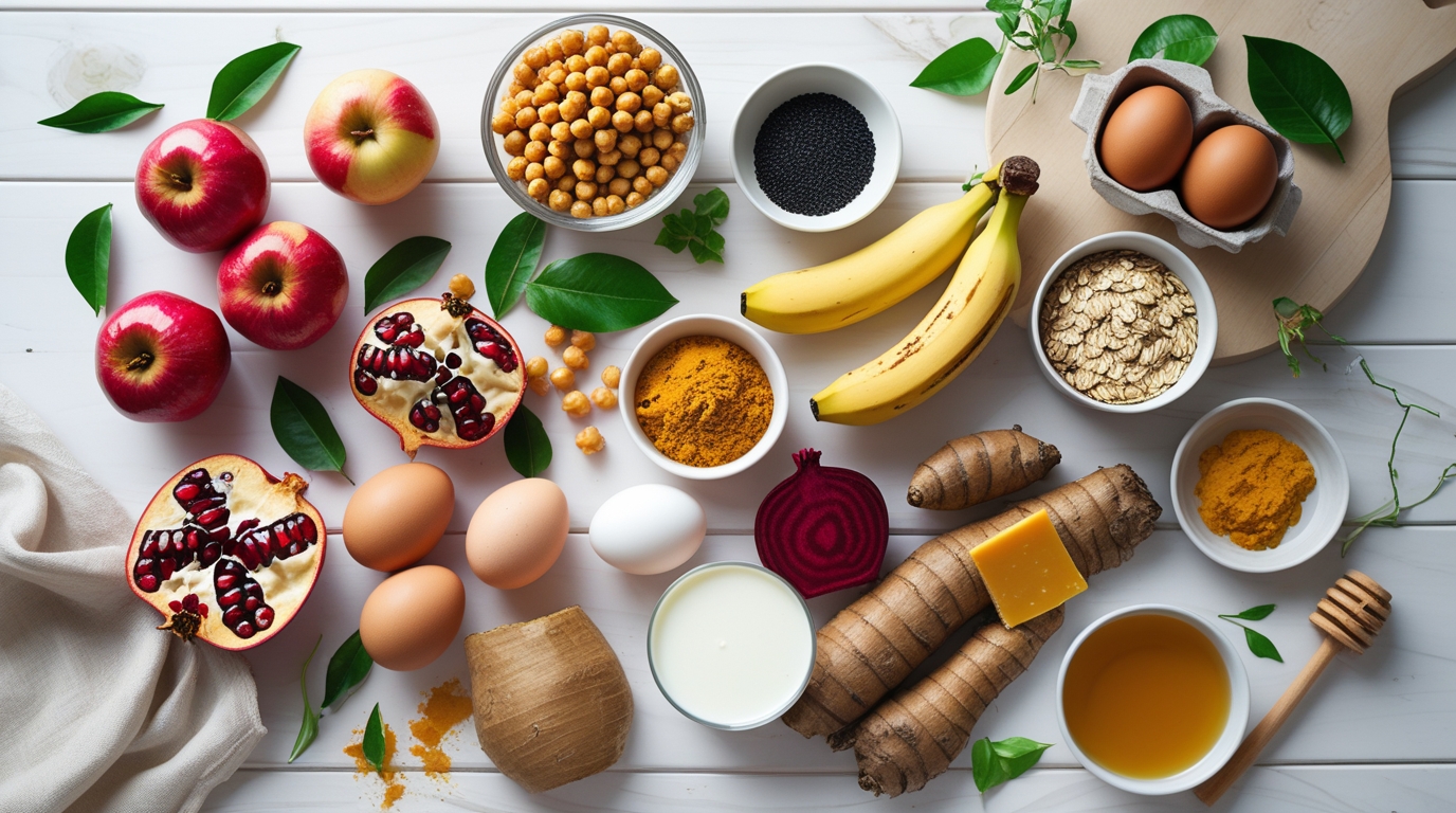 A flat-lay of 15 natural healing foods including apples, pomegranate, eggs, fish, turmeric, green tea, oats, and more — showing the best foods to cure common health problems naturally.