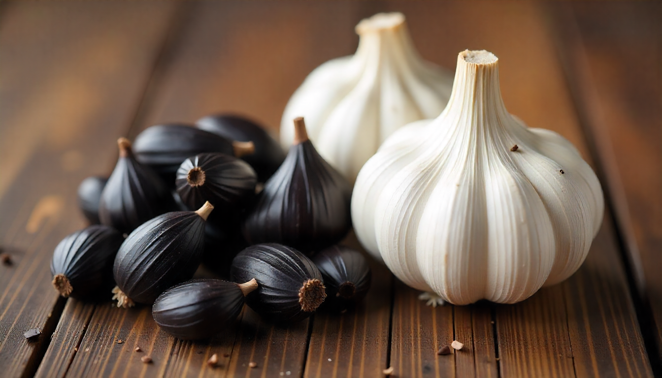 Black garlic and regular garlic bulbs side by side on a wooden table.