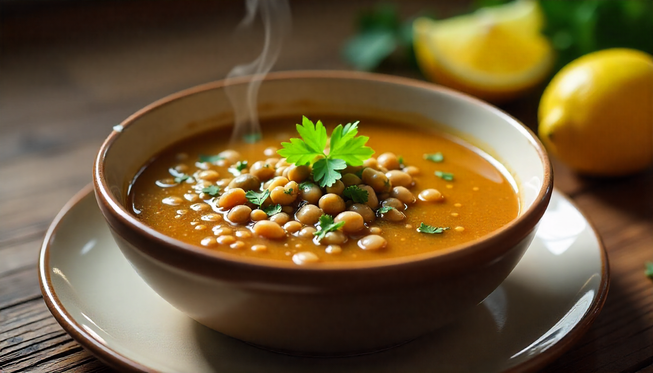 Healthy homemade lentil soup in a bowl with herbs