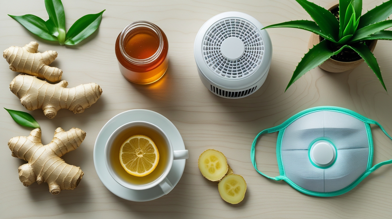 Recommended products for smog season — organic honey, air purifier, herbal tea, and face mask to prevent cough and throat infections naturally.