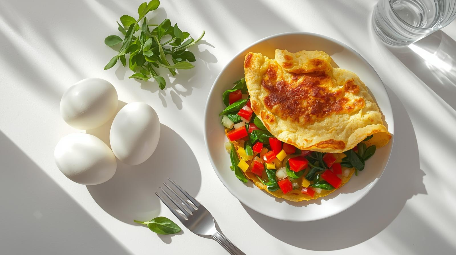 “Boiled eggs and a fluffy omelette with fresh vegetables, healthy breakfast for weight loss”