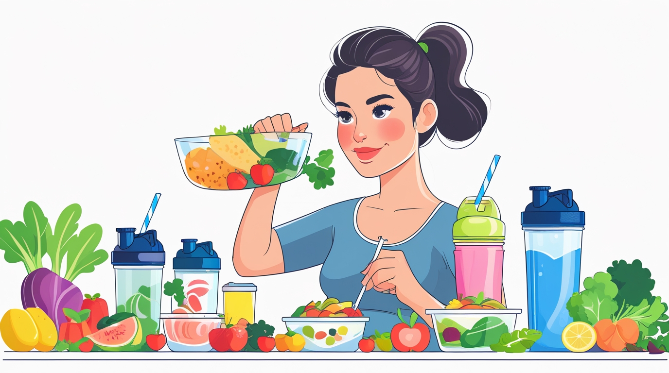 Busy woman doing a home workout and meal prepping healthy meals for a flat belly