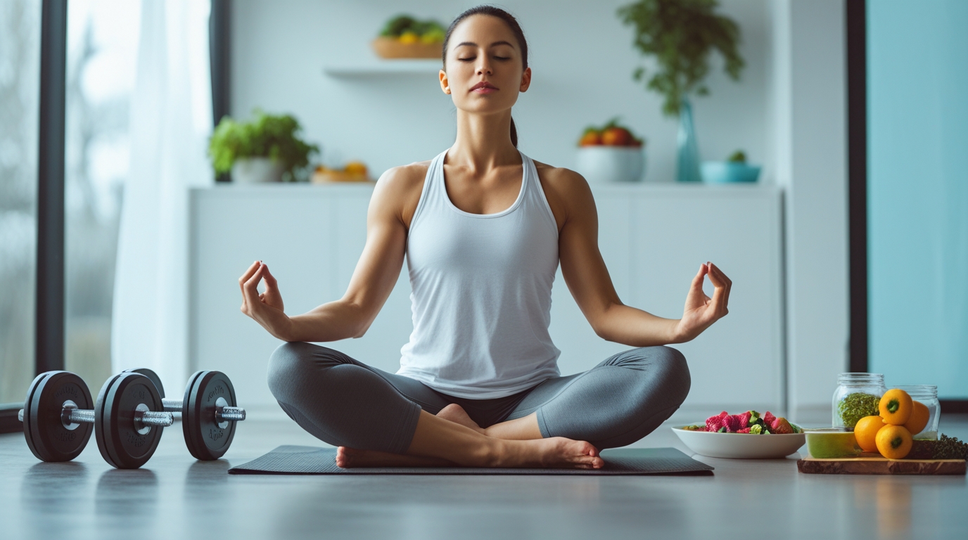 "Person visualizing fitness goals while meditating, surrounded by healthy foods and exercise symbols, representing manifestation in health and wellness."