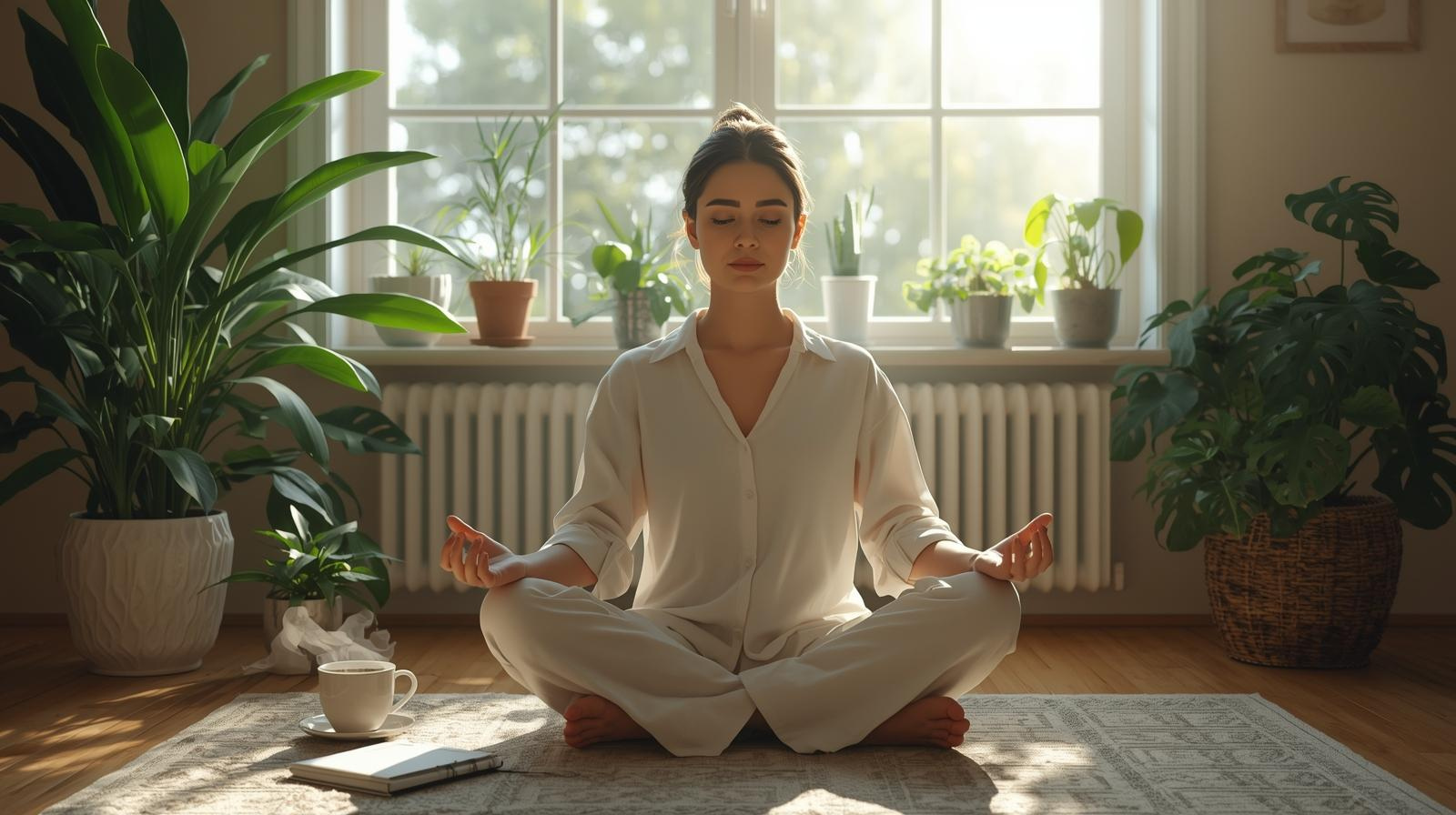 A person practicing positive self-talk in a peaceful, sunlit room with a journal, tea, and indoor plants, promoting mindfulness and confidence.