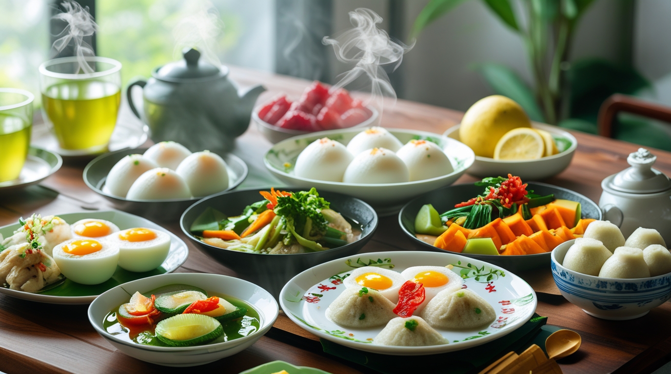 Healthy steamed breakfasts for weight loss including vegetables, eggs, and buns served on a plate.