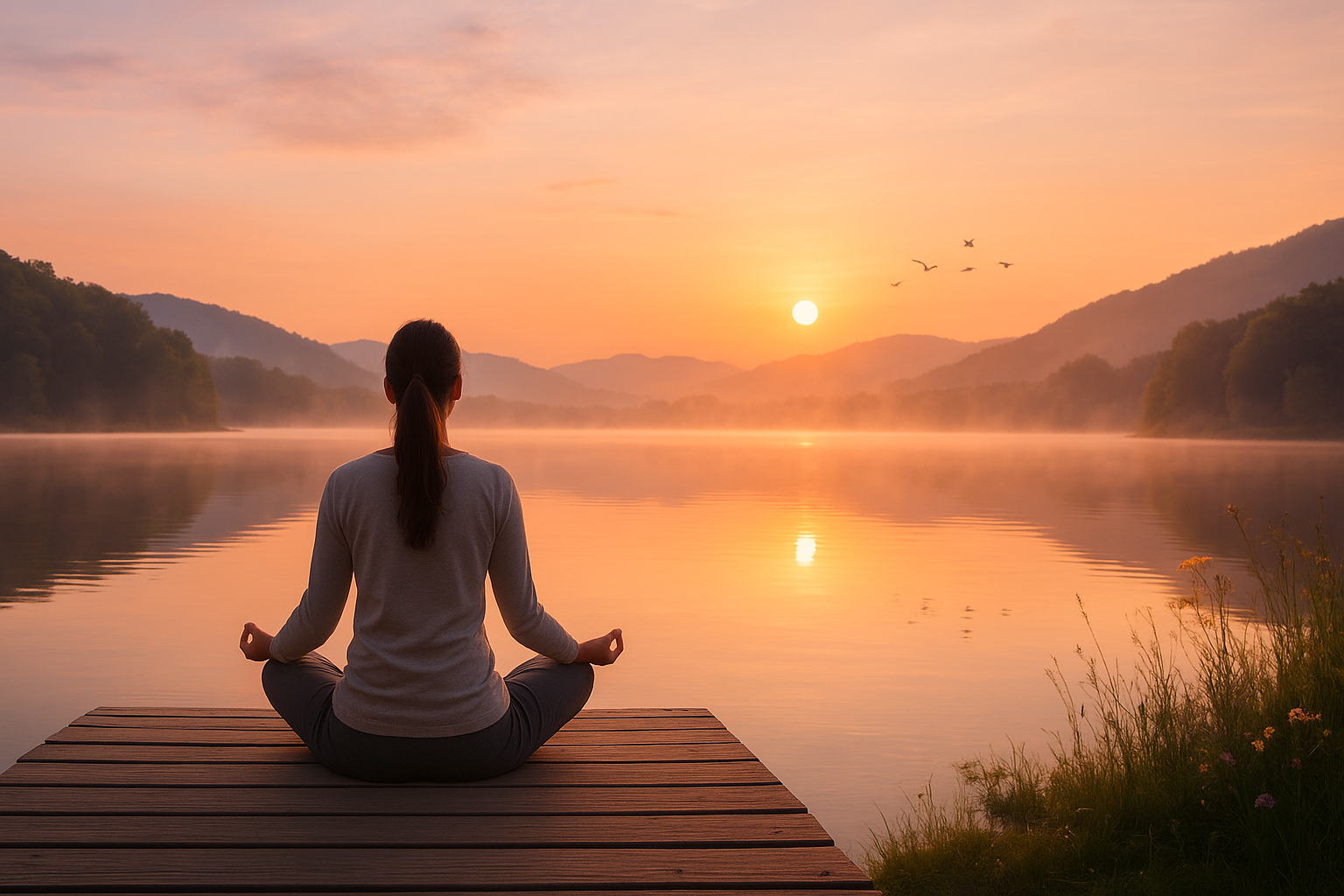 A person meditating at sunrise by a tranquil lake with mist, mountains, and golden light reflecting on calm water.