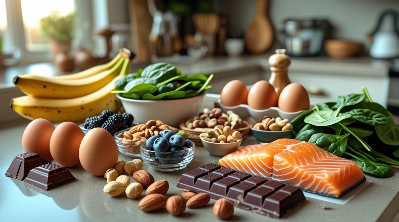 Assortment of dopamine-boosting foods including eggs, bananas, berries, nuts, and salmon for better mood and energy