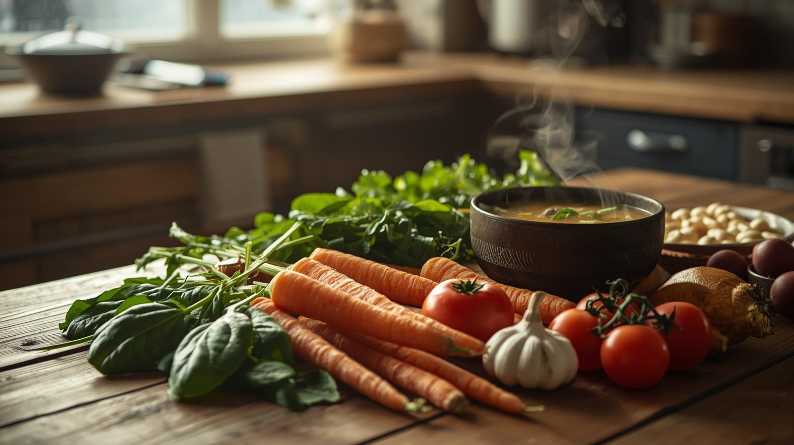 Healthy winter soup with fresh vegetables in a cozy kitchen setting, boosting immunity and overall wellness