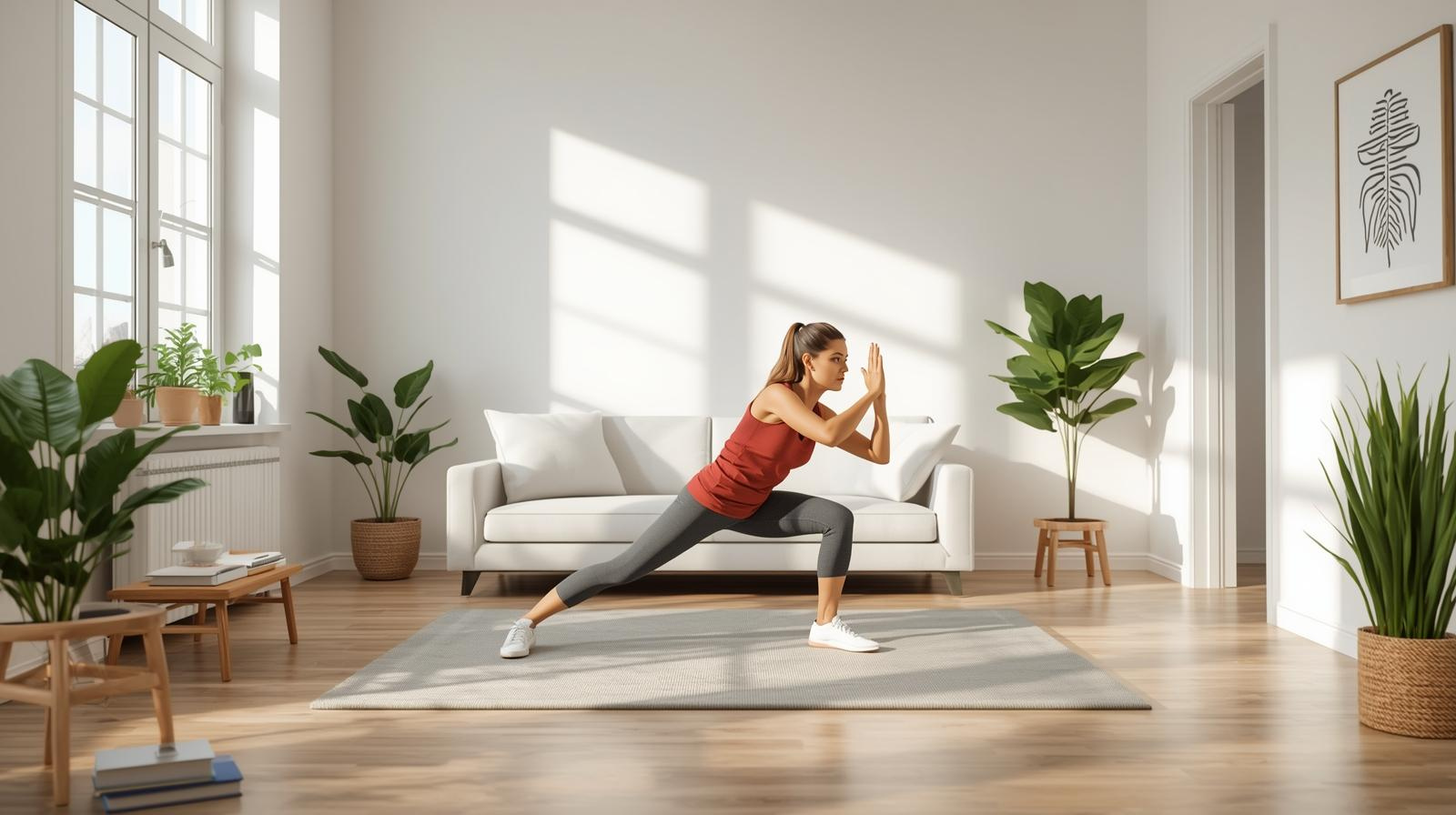 Beginner doing home workout with healthy meals, illustrating diet vs exercise for beginners.