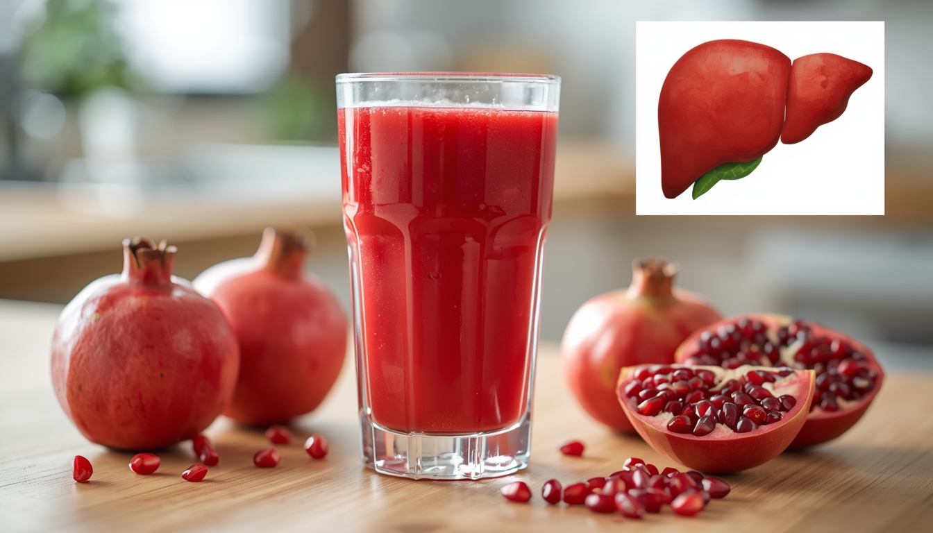 Fresh pomegranate juice in a glass with whole and cut pomegranates, supporting liver health and fatty liver management.