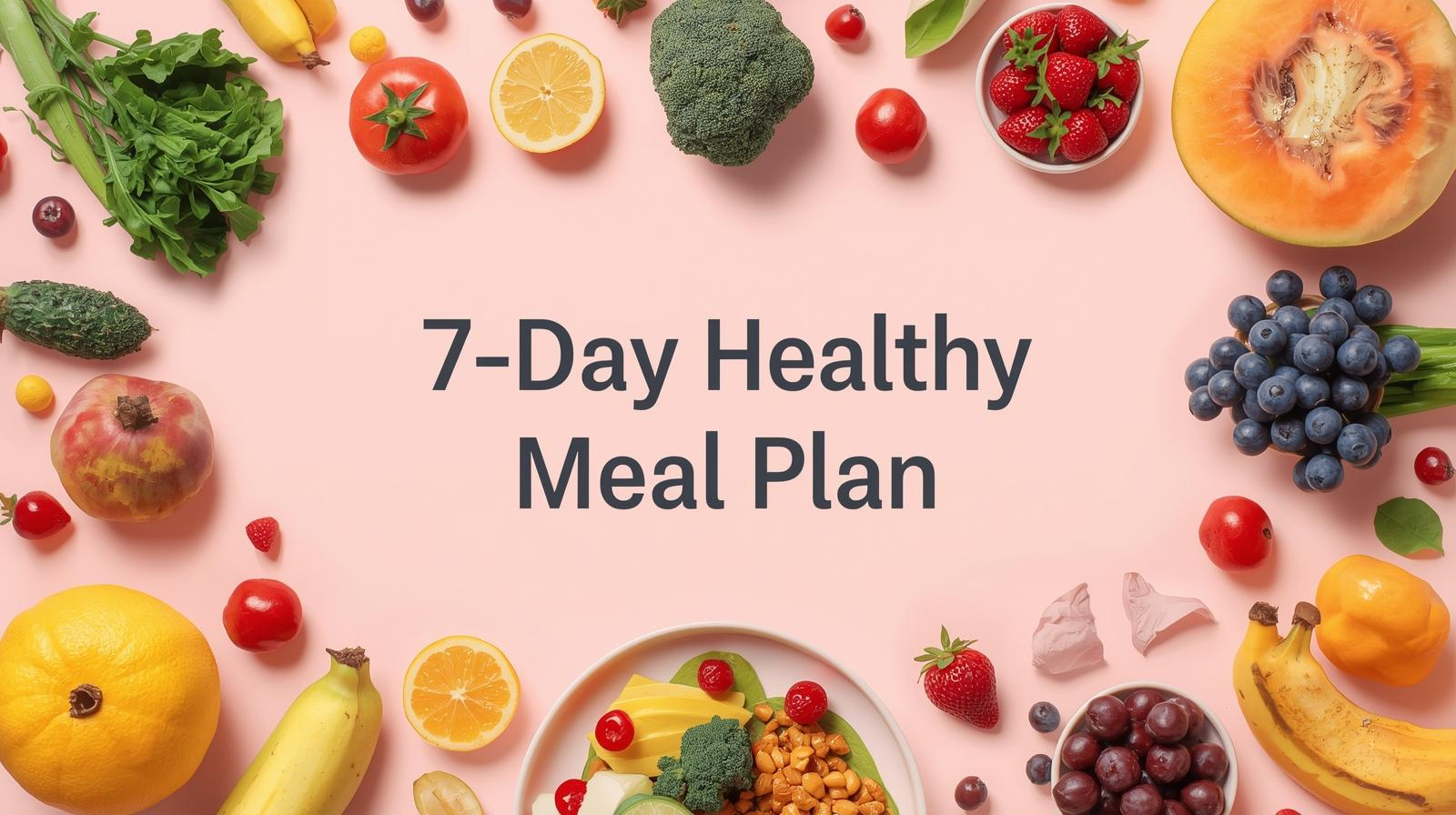 Cover image for 7-Day Healthy Meal Plan PDF with fresh fruits and vegetables