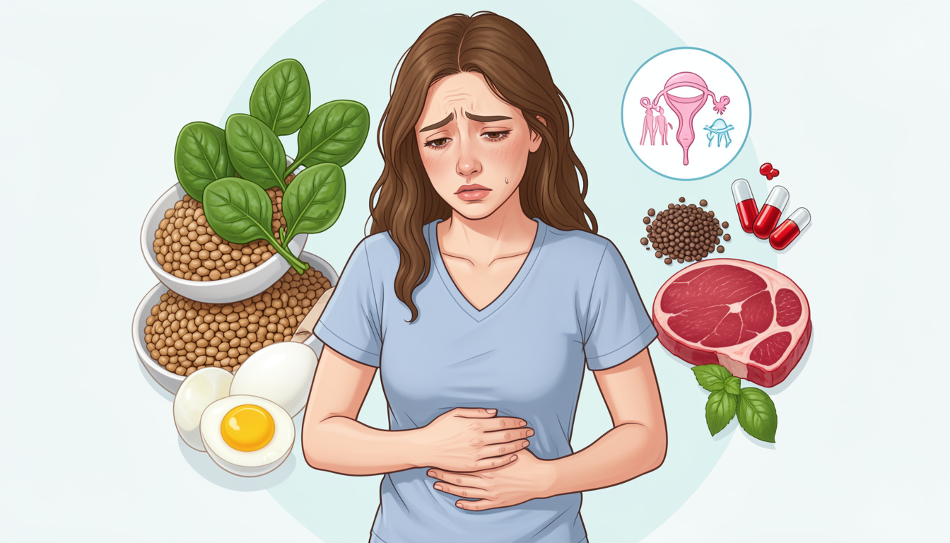Young woman looking fatigued due to iron deficiency with iron-rich foods and menstrual cycle icons.