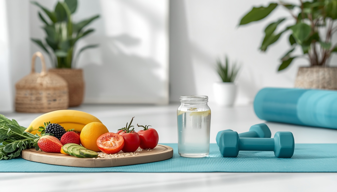 Healthy 7-day diet plan for weight loss beginners featuring balanced meals, fruits, vegetables, and fitness lifestyle setup