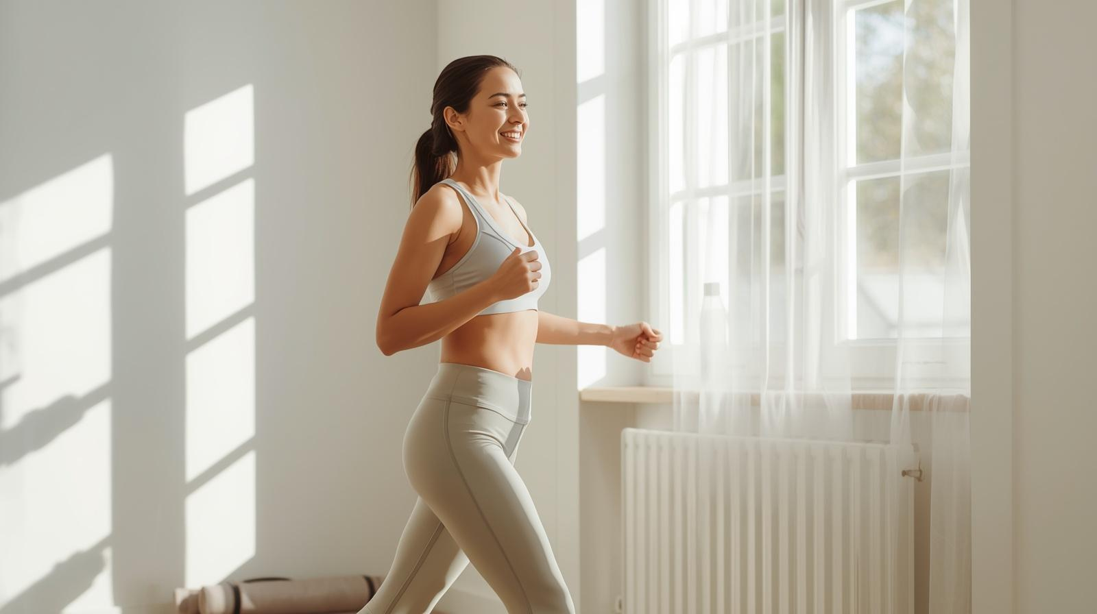 Woman doing light workout at home for natural weight loss with a healthy lifestyle setup