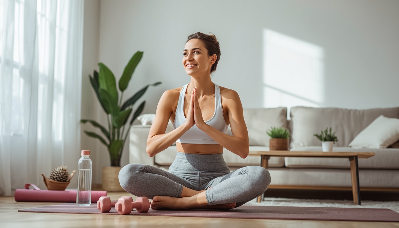 Woman doing home workout in a bright living room for weight loss and fitness lifestyle