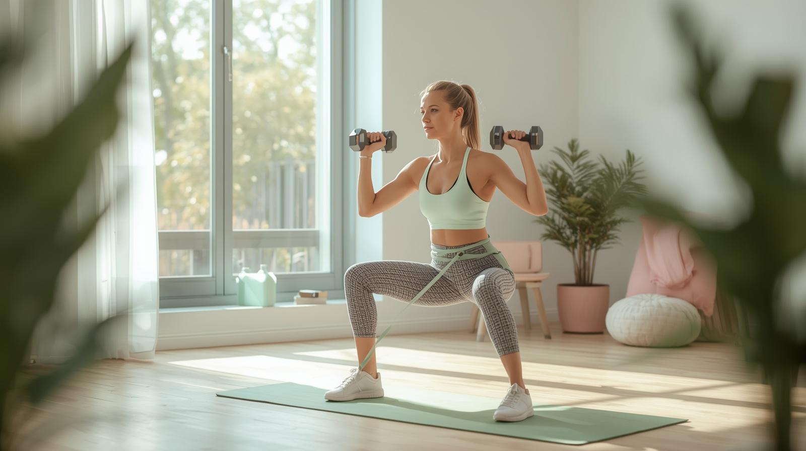 Beginner woman doing home workout with resistance bands and dumbbells in a bright modern room for weight loss and fitness