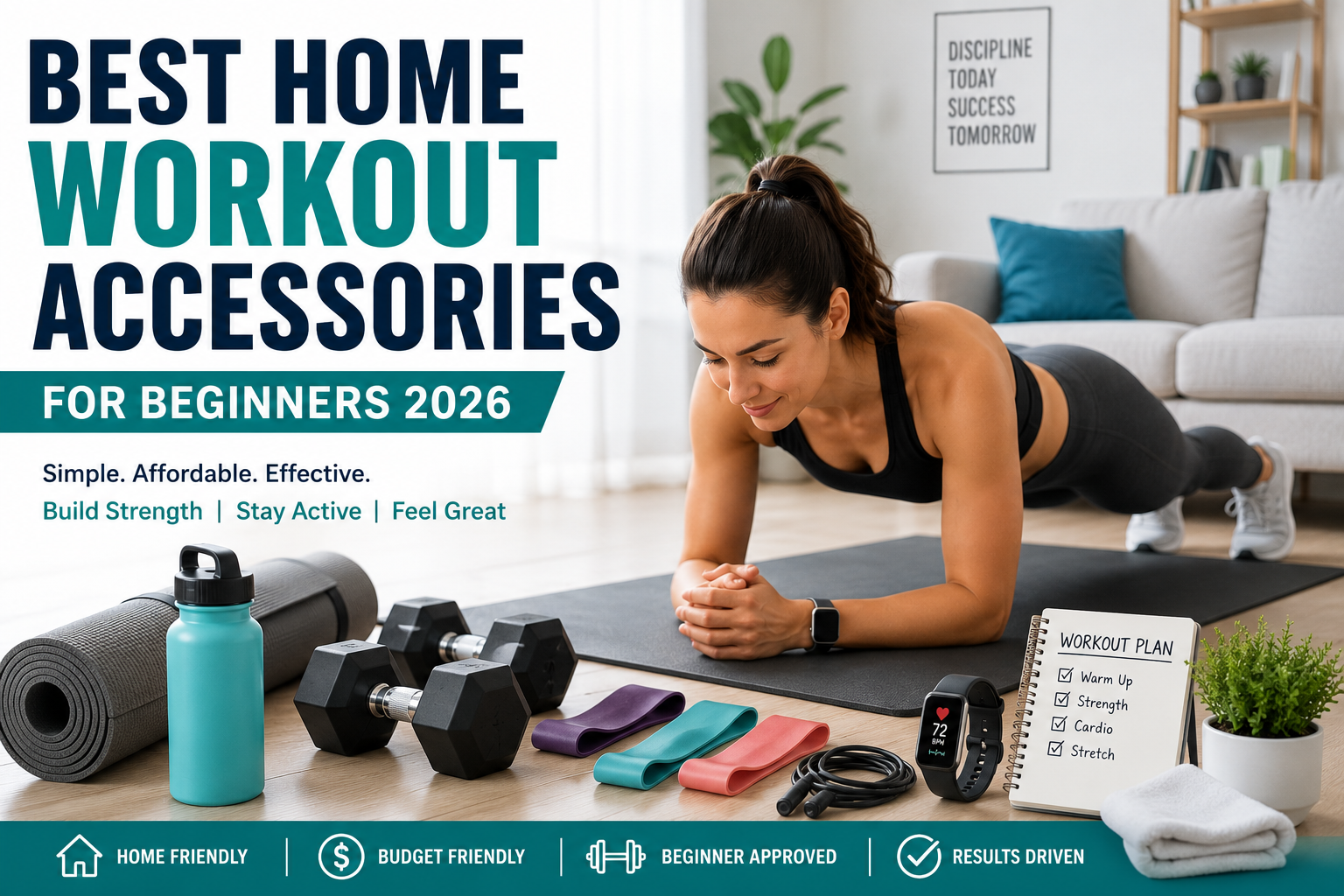 Beginner home workout setup with yoga mat, resistance bands, dumbbells, and fitness tracker in a modern living room